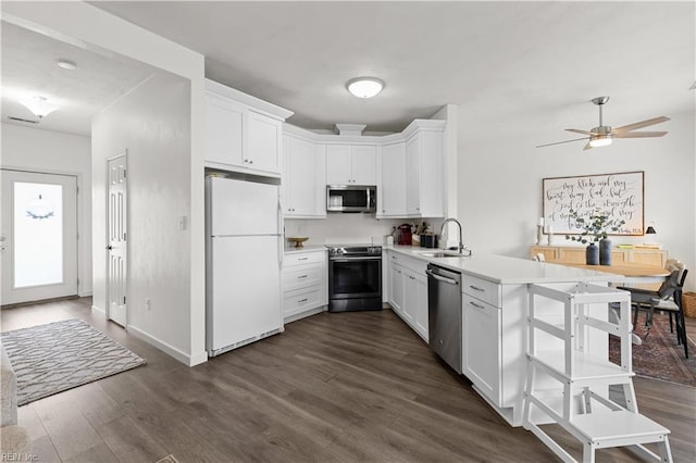 kitchen with sink, ceiling fan, dark hardwood / wood-style flooring, white cabinetry, and stainless steel appliances