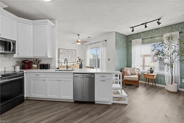 kitchen with dark hardwood / wood-style flooring, white cabinetry, sink, and appliances with stainless steel finishes