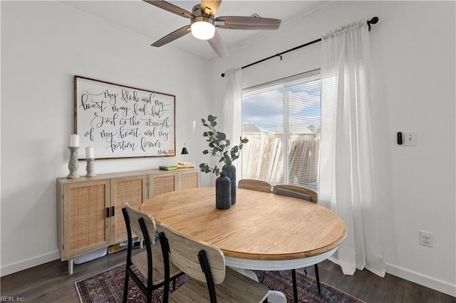 dining space with dark hardwood / wood-style floors and ceiling fan