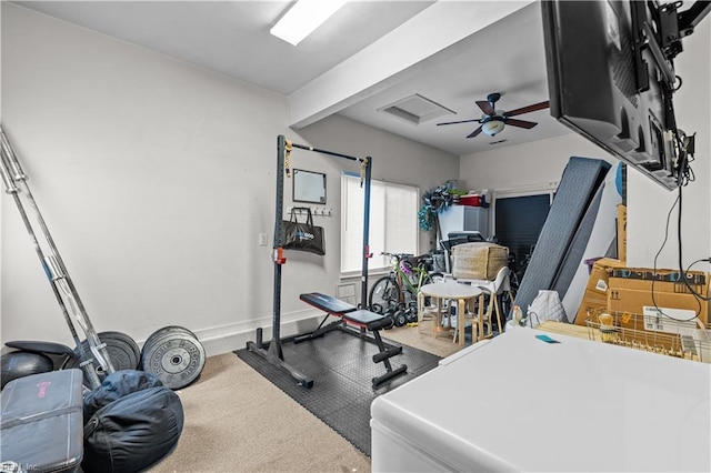 workout area featuring ceiling fan