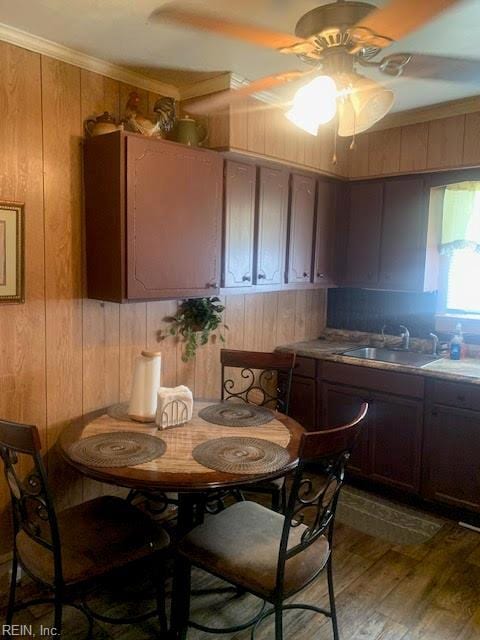 dining room with hardwood / wood-style flooring, crown molding, wood walls, and sink