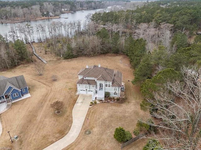 drone / aerial view with a water view