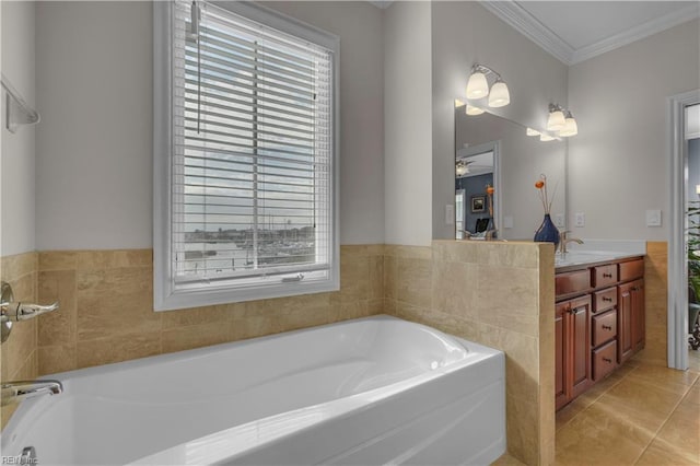 bathroom with vanity, tile patterned floors, a wealth of natural light, and crown molding