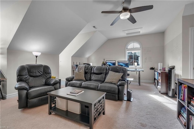 living room featuring light carpet and vaulted ceiling