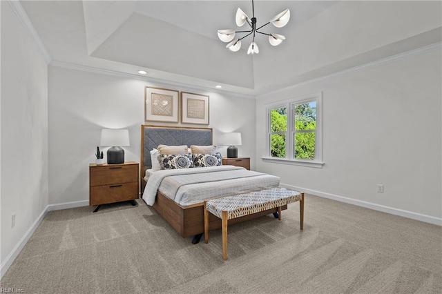 bedroom with a raised ceiling, crown molding, light colored carpet, and a notable chandelier