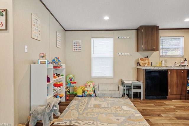 playroom featuring crown molding and light wood-type flooring