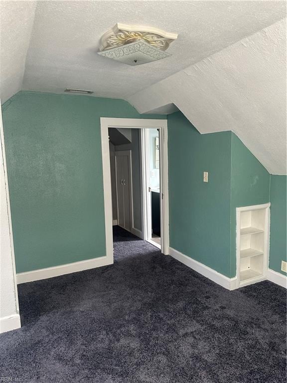 additional living space with dark colored carpet, a textured ceiling, and lofted ceiling