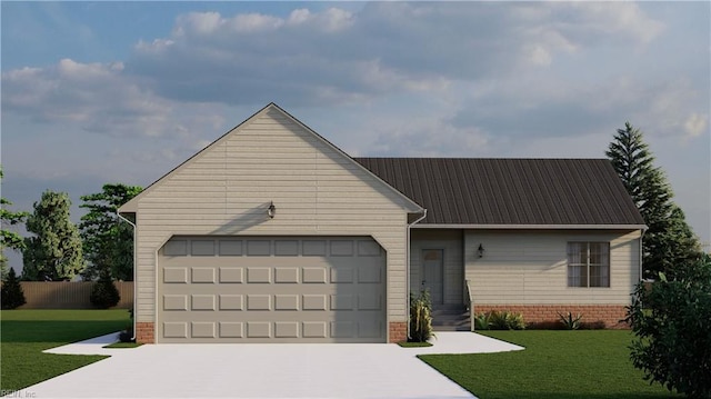 ranch-style home featuring a garage and a front lawn