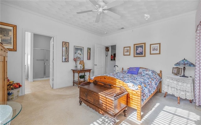 bedroom featuring ensuite bath, ceiling fan, crown molding, light colored carpet, and a textured ceiling