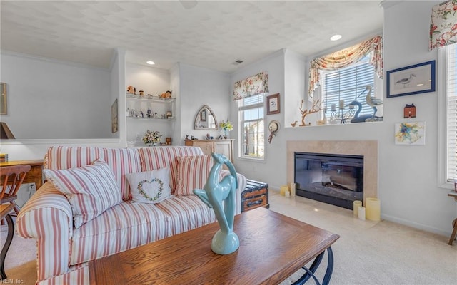 carpeted living room featuring built in shelves