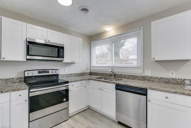 kitchen with sink, white cabinets, and stainless steel appliances