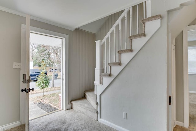 carpeted foyer with crown molding