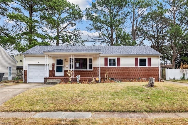 single story home with a garage and a front lawn