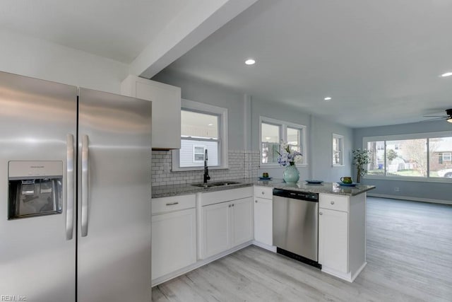 kitchen featuring white cabinets, kitchen peninsula, and appliances with stainless steel finishes