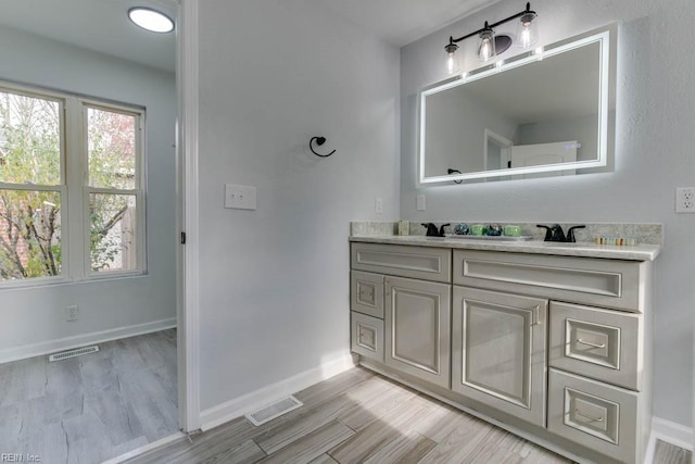 bathroom with hardwood / wood-style floors and vanity