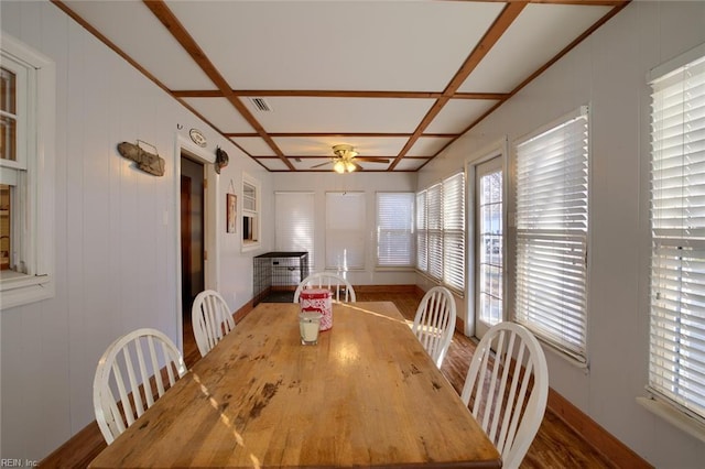 dining space featuring hardwood / wood-style flooring, ceiling fan, and coffered ceiling