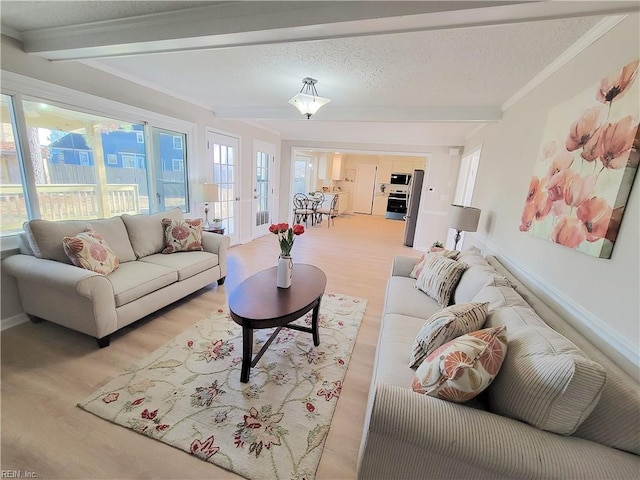 living room with beam ceiling, light wood-type flooring, a textured ceiling, and ornamental molding