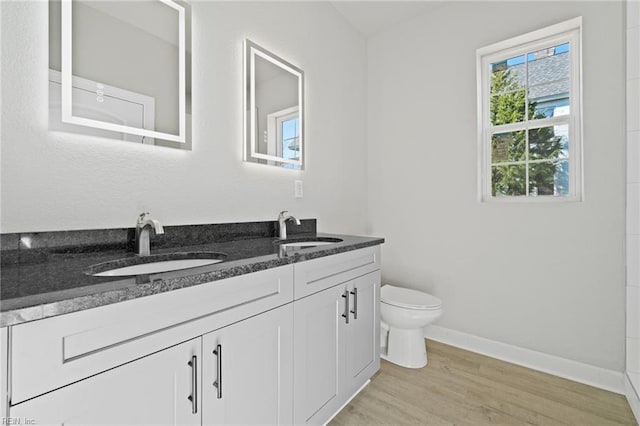 bathroom with wood-type flooring, vanity, and toilet