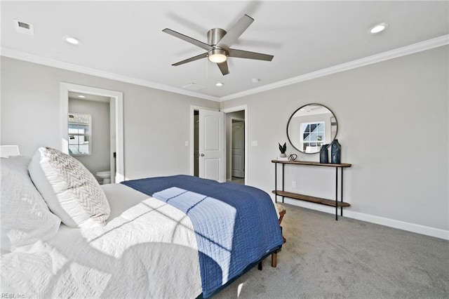 bedroom with ceiling fan, crown molding, and light carpet