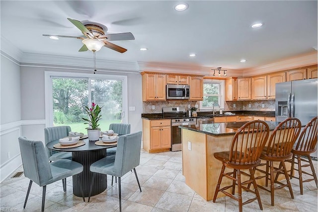 kitchen with ceiling fan, a center island, crown molding, decorative backsplash, and appliances with stainless steel finishes