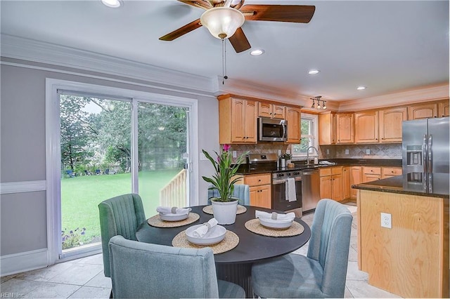 kitchen with decorative backsplash, sink, crown molding, and appliances with stainless steel finishes