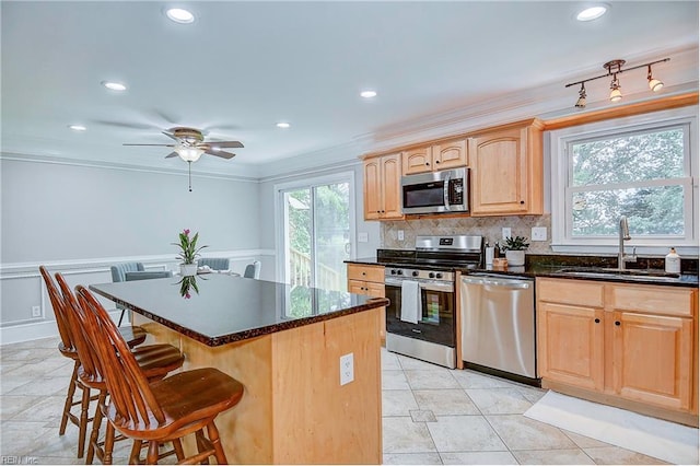 kitchen with a wealth of natural light, sink, stainless steel appliances, a kitchen breakfast bar, and a kitchen island