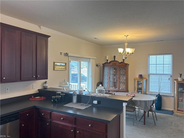 kitchen with dishwasher, an inviting chandelier, kitchen peninsula, crown molding, and light carpet