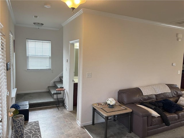 living room featuring ornamental molding