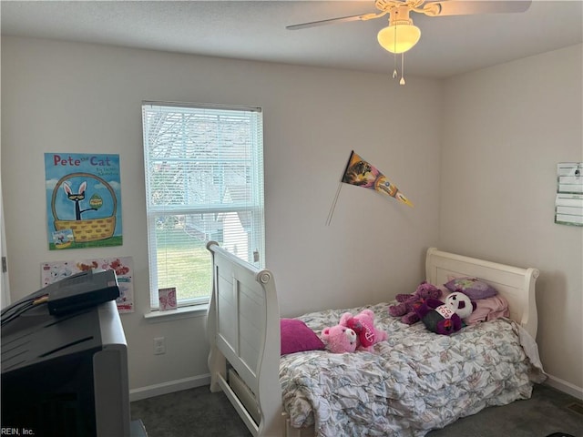 carpeted bedroom featuring ceiling fan