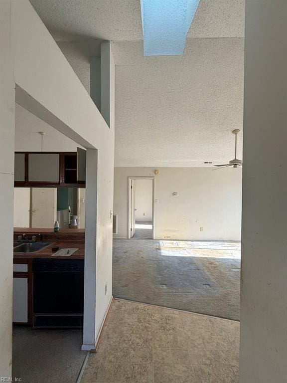 hall featuring a high ceiling, a skylight, and sink