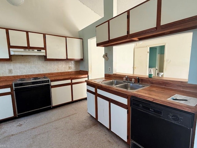 kitchen with black appliances, white cabinetry, sink, and tasteful backsplash