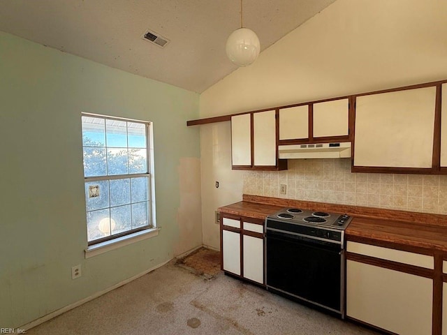 kitchen with range with electric cooktop, pendant lighting, vaulted ceiling, and wood counters