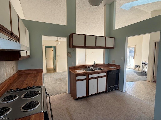 kitchen featuring backsplash, a skylight, stainless steel range with electric stovetop, sink, and dishwasher