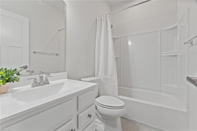 full bathroom with toilet, vanity, tile patterned floors, and shower / bath combo with shower curtain