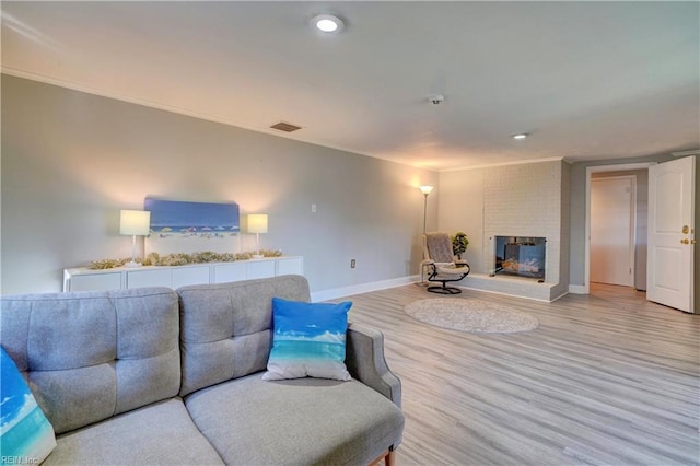 living room with a fireplace, light hardwood / wood-style flooring, and crown molding