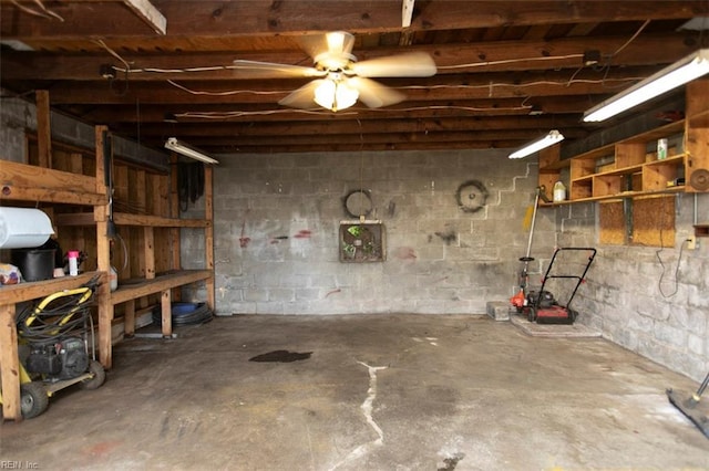 basement featuring ceiling fan