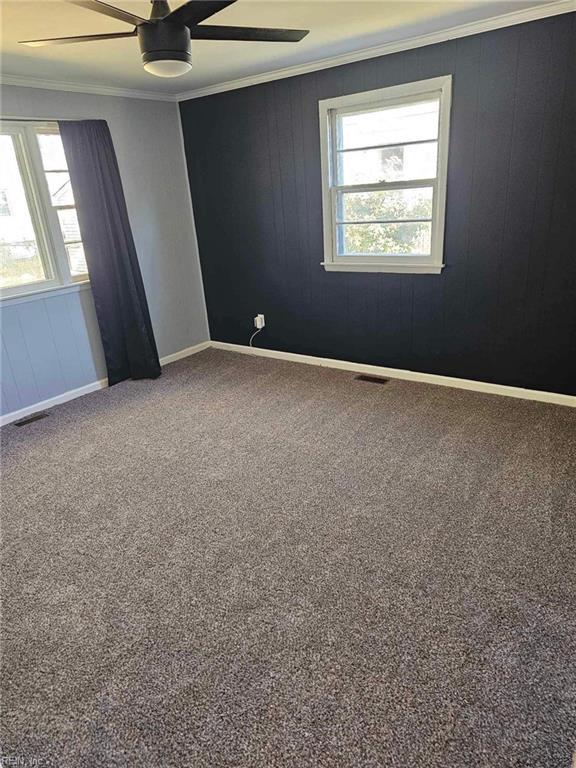 carpeted spare room with ceiling fan and ornamental molding