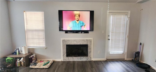 living room featuring a high end fireplace and dark hardwood / wood-style floors