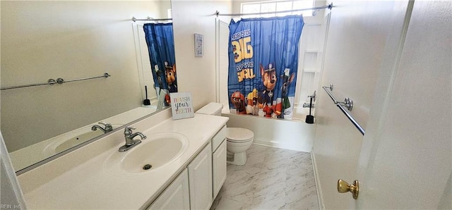 full bathroom featuring shower / bath combo, toilet, and vanity