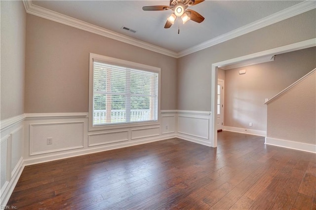 unfurnished room with dark hardwood / wood-style floors, ceiling fan, and crown molding