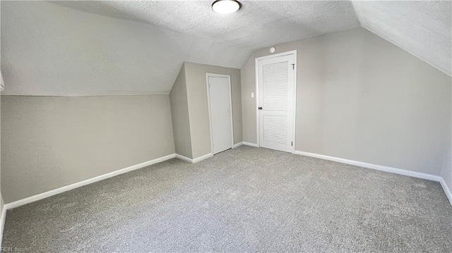 additional living space featuring carpet flooring, lofted ceiling, and a textured ceiling