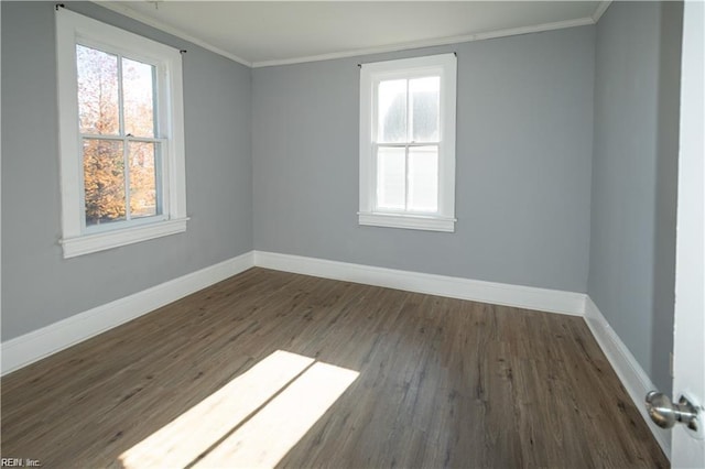 unfurnished room featuring crown molding and dark wood-type flooring