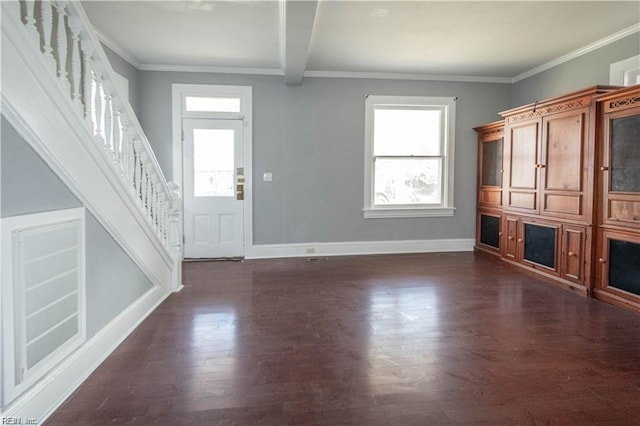 foyer with beamed ceiling, dark wood-type flooring, and ornamental molding