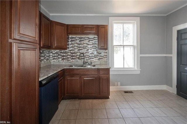 kitchen featuring decorative backsplash, dishwasher, sink, and light stone countertops