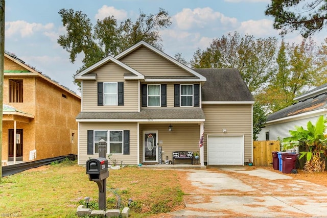 view of front of home with a garage and a front lawn