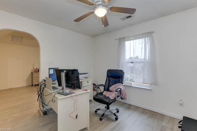 home office with ceiling fan and light hardwood / wood-style floors