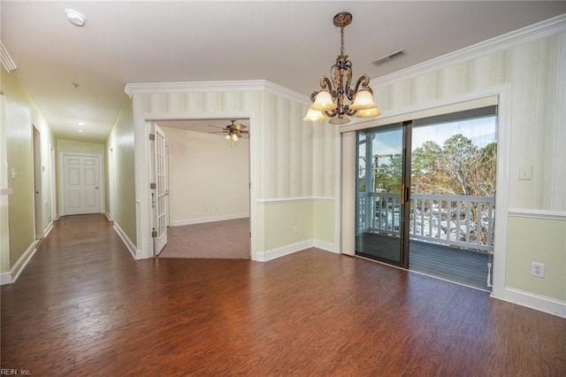 unfurnished room featuring ceiling fan with notable chandelier, dark hardwood / wood-style flooring, and crown molding