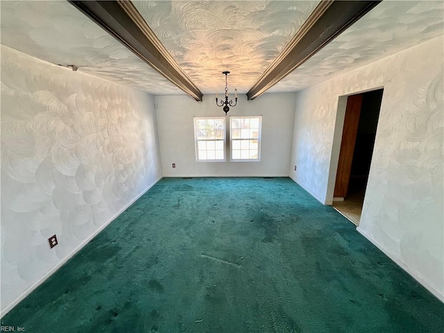 carpeted spare room featuring beamed ceiling and a notable chandelier