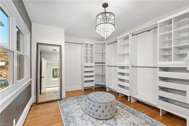 spacious closet with hardwood / wood-style floors and a chandelier