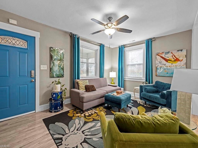 living room with ceiling fan and wood-type flooring